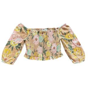 Roxy Floral Smocked Off Shoulder Crop Top Floral Print in Tan Pink Yellow Boho